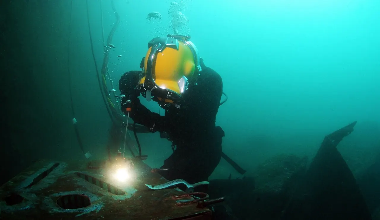 Underwater welding — Wet welding on a structure in low visibility.