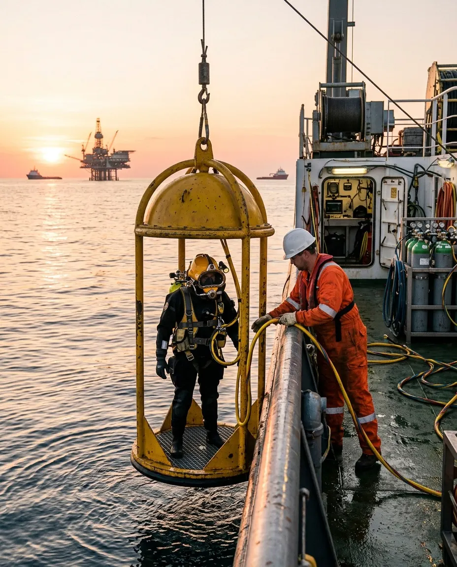Surface-supplied diver on a dive stage at sunset while a tender manages the umbilical, gas cylinders and dive control van behind